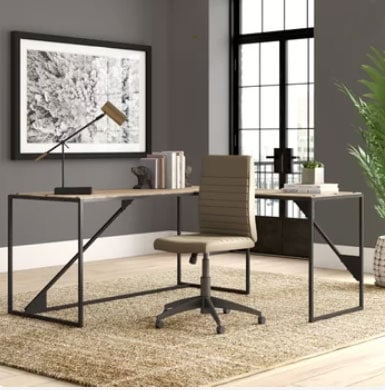 charcoal walls with industrial l-shaped desk