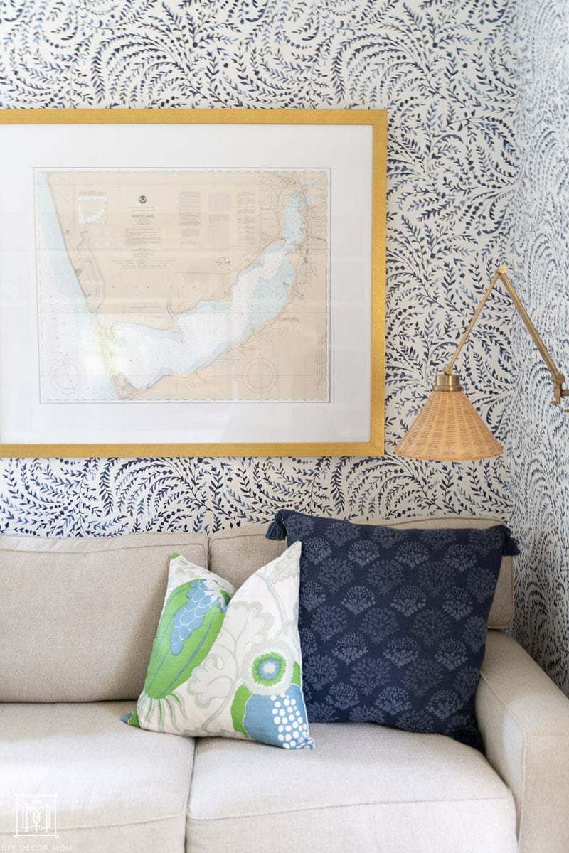 gorgeous framed nautical chart or nautical "map" framed on wallpapered wall 