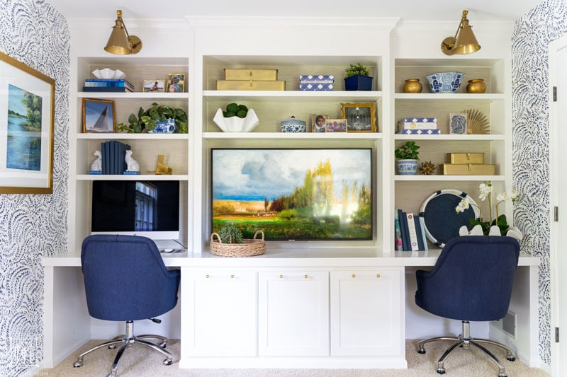 diy built-in desks with bookshelves over it and diy faux grasscloth wallpaper