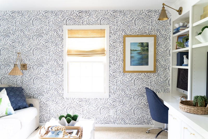 stunning blue and white office reveal with built-in cabinets