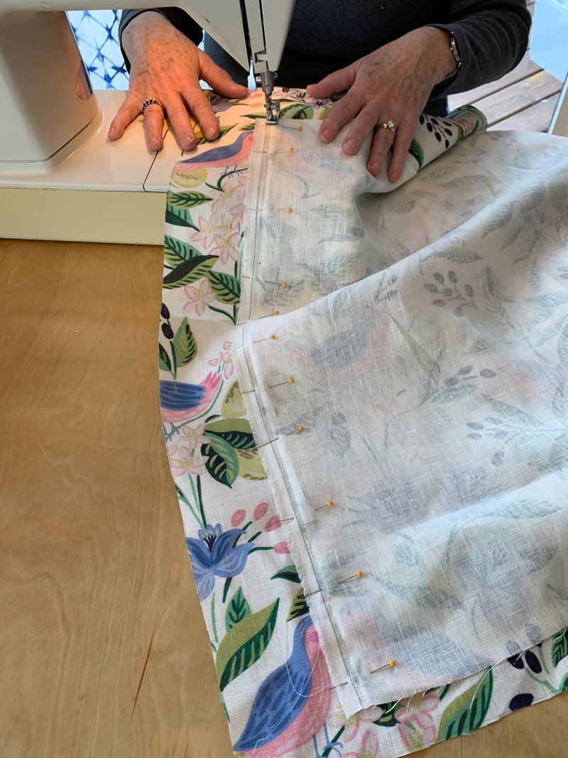 sewing two fabric pieces together to cover window valance box