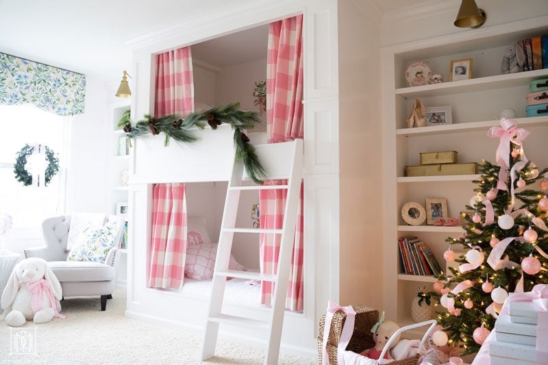 built-in bunk beds with curtains with holiday decor