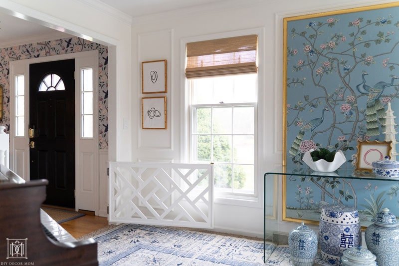 diy chippendale baby gate in living room with white walls