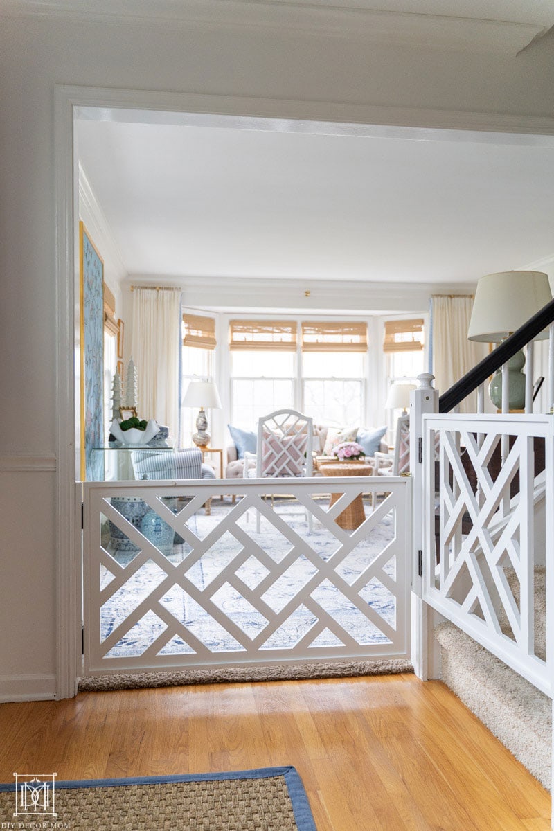 diy chippendale baby gate in living room and stairway