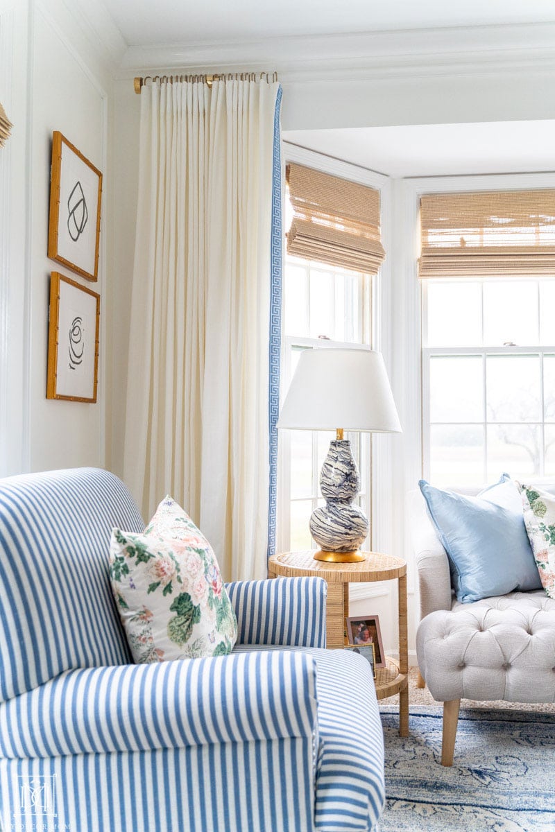 white living room walls with white curtains and blue trim- diy curtains and diy lucite rod