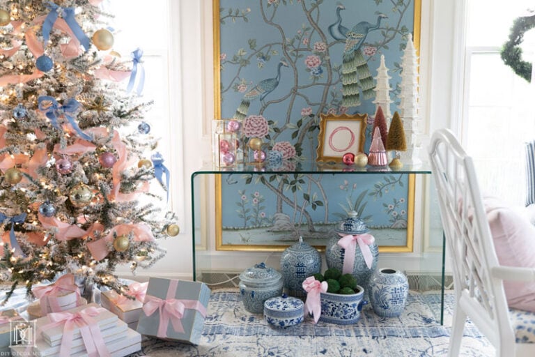 Pink And Blue Christmas Decor Grandmillennial Christmas Tree DIY Light Pink And French Blue Bows On Flocked Christmas Tree With Ginger Jars Chinoiserie Panels 768x512