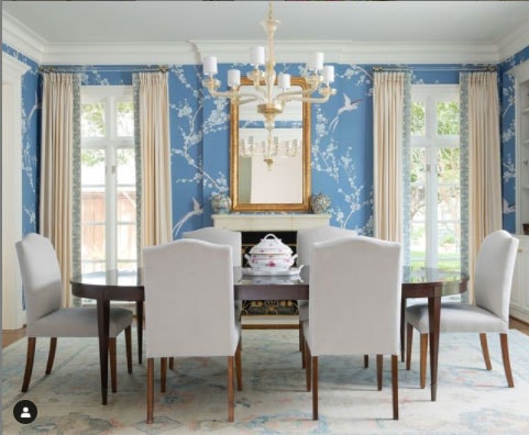 acrylic curtain rods in blue dining room- jenkins interiors